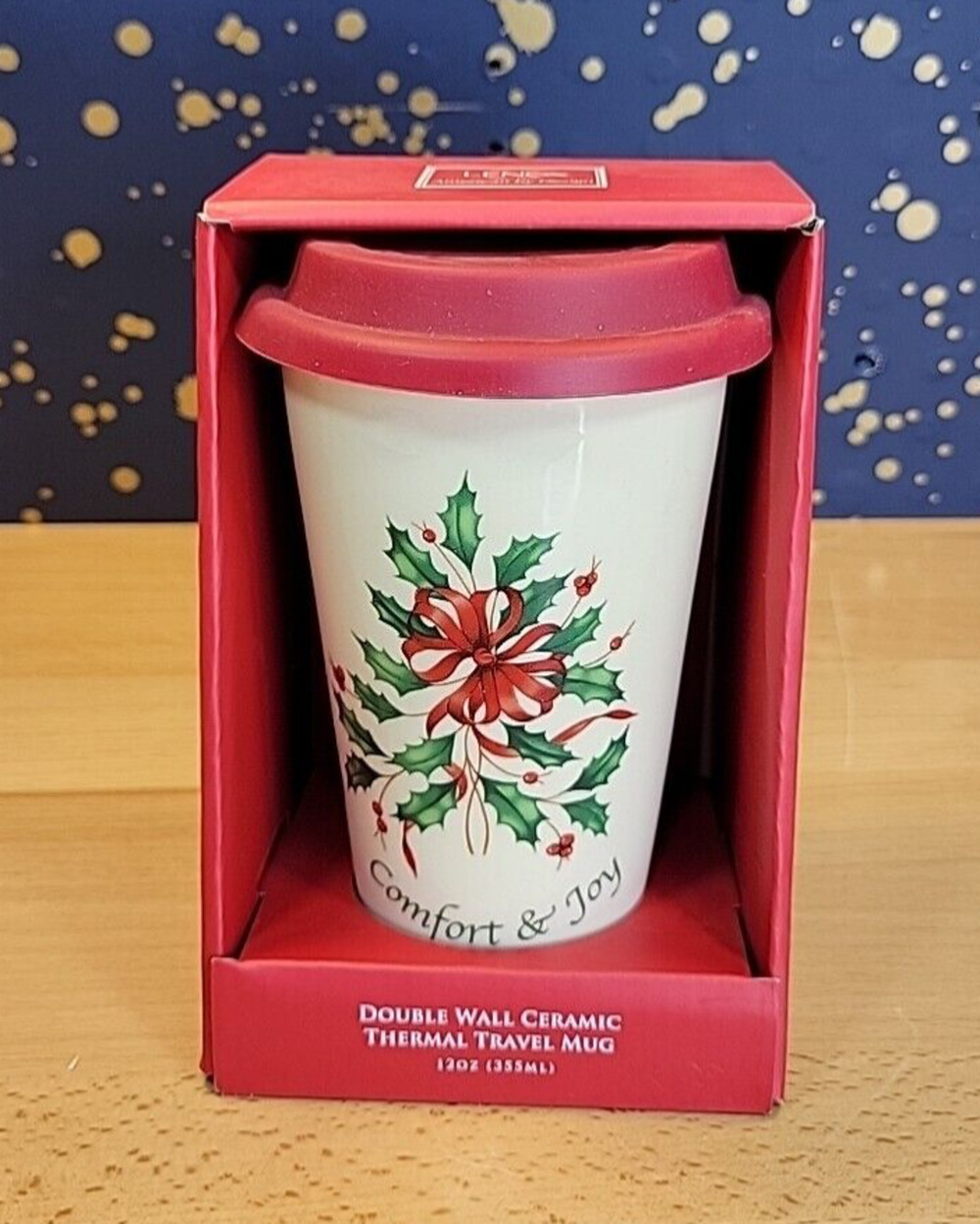 LENOX Holiday Comfort and Joy Double Wall Ceramic Thermal Travel Mug NEW NIB